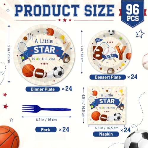 Image of 96Pcs Sports Baby Shower Party Decoration A Little Star Is on the Way Paper Plates and Napkin Football Soccer Volleyball Theme Tableware Set Sport Party Supplies for Baby Shower Birthday Kids Serve 24