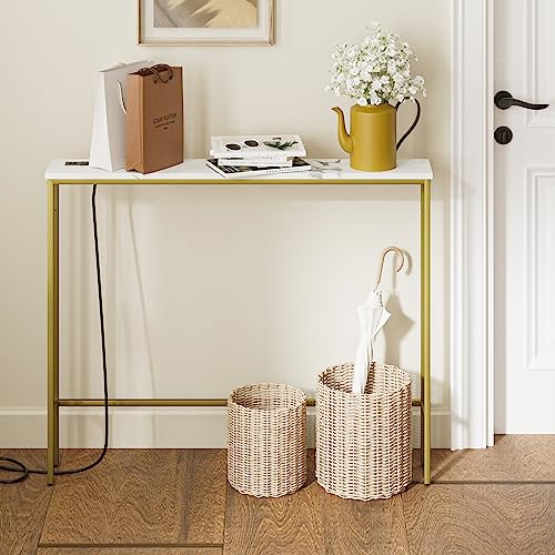 Image of Masupu 5.9 inch Skinny Console Table with Power Outlet,Modern Narrow Sofa Table Behind Couch,Skinny Entry Table with Gold Metal Frame for Entryway,Living Room, Hallway,Marble White