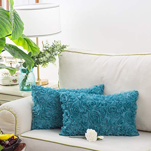 Calitime Throw Pillow Cases Pack Of 2 Solid 3D Stereo Chiffon Rose Flower Decorative Cushion Covers Shells For Couch Sofa Bedroom 12 X 20 Inches Teal #TOP1