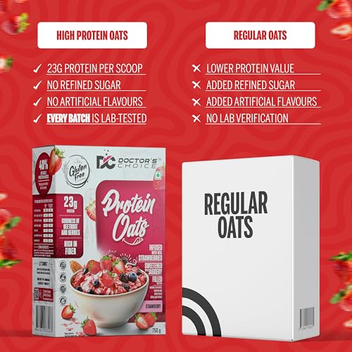 Image of Doctors Choice High Protein Oats 750g | 24g Protein Oatmeal | Natural Strawberrry Flavour | No Added Sugar | Gluten Free | High Fiber Healthy Breakfast Oats (Pack of 2)