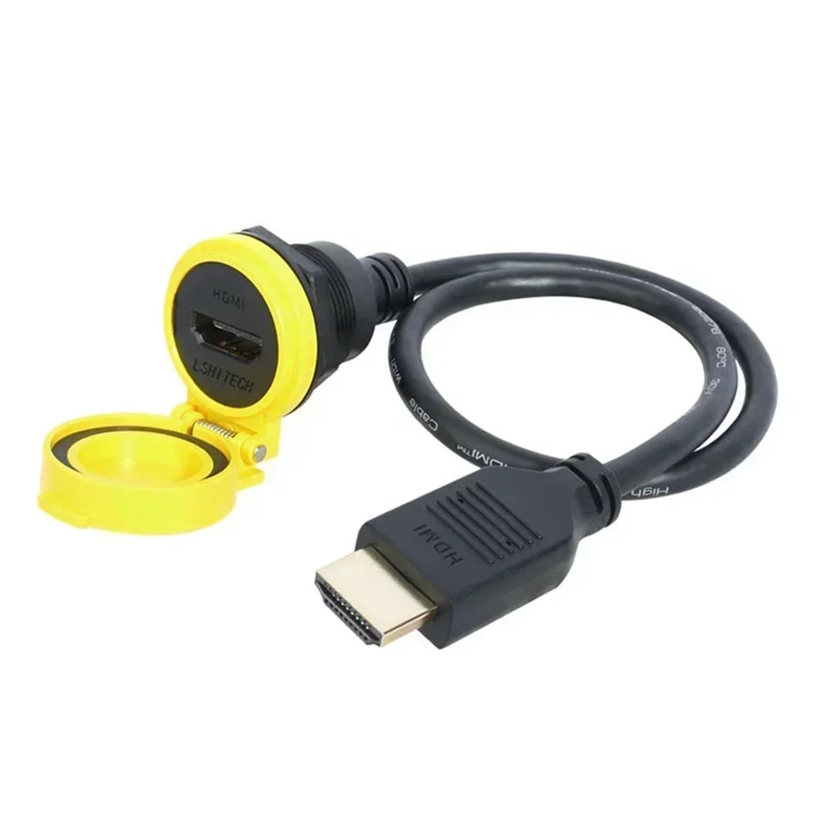 LH22 żeński na męski przedłużacz kompatybilny z HDMI 4K o wysokiej rozdzielczości, wodoodporny, do montażu na panelu, złącze HDMI 2.0 (kabel 1 m, metalowa nakrętka, czarna nasadka)