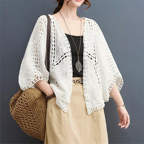 FindThy Women’s Lace Embroidery Cardigan Boho Cropped Batwing Sleeve Open Front Oversized Bolero Shrugs3