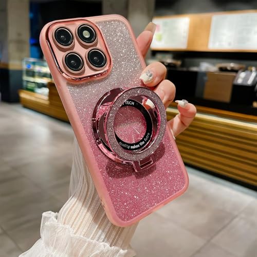 HAONANDE Magnetic Glitter Case for Motorola Edge 60 Pro,Luxury Plating Cute Bling Sparkling Shiny Kickstand Clear Phone Case for Women Girls, Transparent Cover with Camera Protector Pink