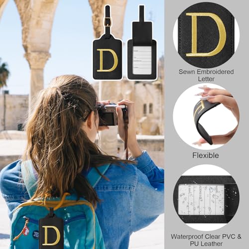 Image of Initial Letter Luggage Tags for Suitcases, Embroidered Monogrammed Suitcase Luggage Identifier Name Tag, PU Leather TSA Approved Luggage Tags, Bag Tags for Men Women Kids Luggage Handbags(Black D)