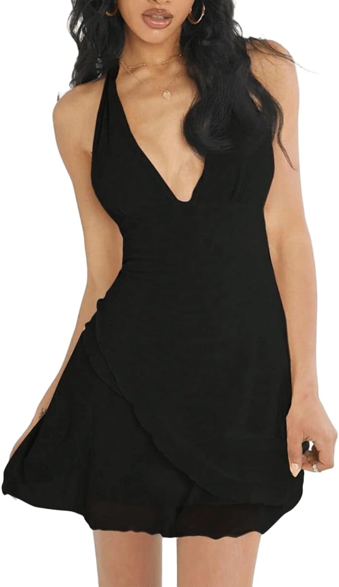 SKAYS Women's Halter Mini Vacation Dress 2025 Short V Neck Sexy Backless Going Out Club Bodycon Date Night Summer Dress