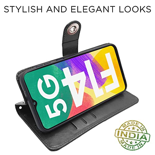 Image of Pikkme Samsung Galaxy F14 5G Flip Cover Leather Finish | Inside TPU with Card Pockets | Wallet Stand and Shock Proof | Complete Protection Button Flip Case (Black)