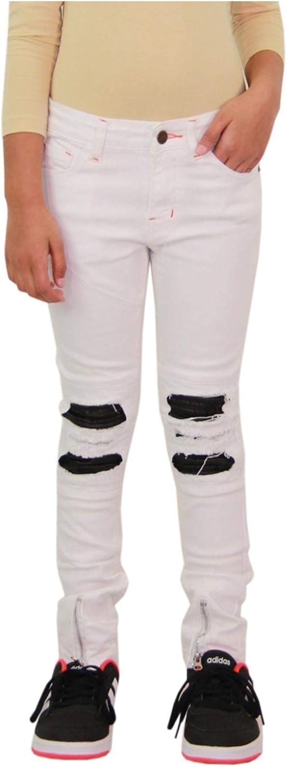 Kids Girls Stretchy Jeans Designer Ripped Drape - Girls Jeans JN27 White 13-14