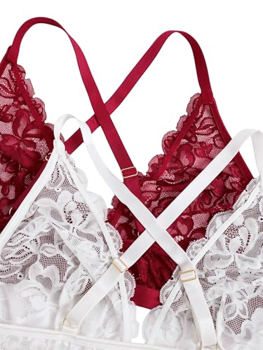 Image of MakeMeChic Women's Plus Size Lace Bralette Front Closure Bras Wireless Deep V Triangle Sexy Lace Bra