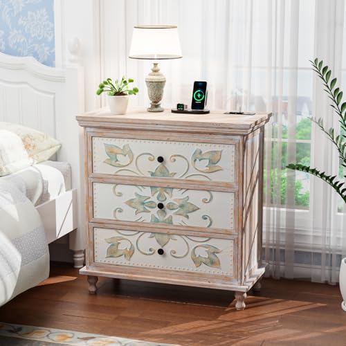 VINGLI Washed White Dresser with Charging Station, 3 Drawer Dresser
