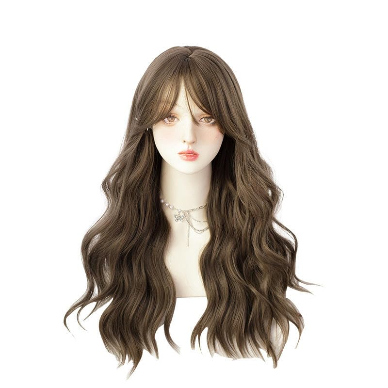 PEKNUX Wig Long Hair Female Curly Cold Brown Natural Air Bangs Curly Wig