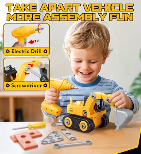 Lehoo Castle Kids Tool Set, Construction Toys Tool Box with Electric Drill & Take Apart Excavator, Pretend Play Kids Toddler Toys for Boys Girls Age 3 4 5 6 Years Old (Yellow) - Image 3