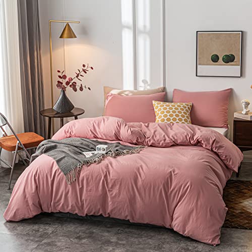Janlive Washed Cotton Duvet Cover King Ultra Soft 100% Cotton Solid Color Rose Duvet Cover Set With Zipper Closure -3 Pieces Pink Bean Paste King #TOP1