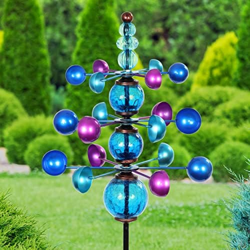 Exhart Wind Spinner, 3 Tier Garden Stake with Glass Crackle Balls, Wind Powered Glass and Metal Outdoor Garden Decor and Yard Art, Blue, 14 x 48 Inch