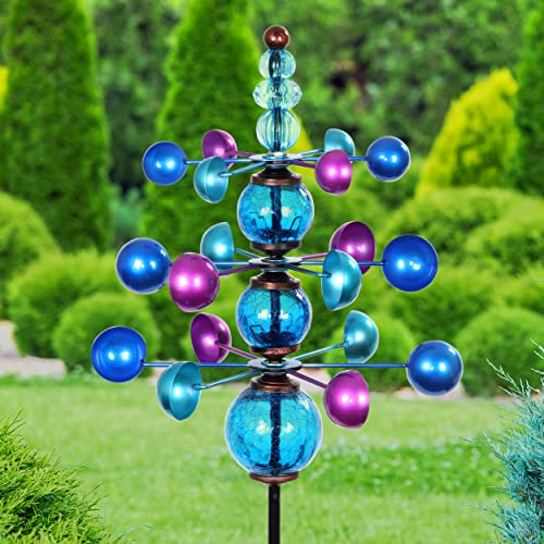 Exhart Wind Spinner, 3 Tier Garden Stake With Glass Crackle Balls, Wind Powered Glass And Metal Outdoor Garden Decor And Yard Art, Blue, 14 X 48 Inch #TOP15