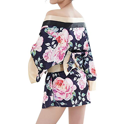 Women's Sexy Kimono Lingerie Pink Blossom Pattern Mini Kimono Dress Nightgown Bathrobe Short Yukata with OBI Belt (Blue Rose)