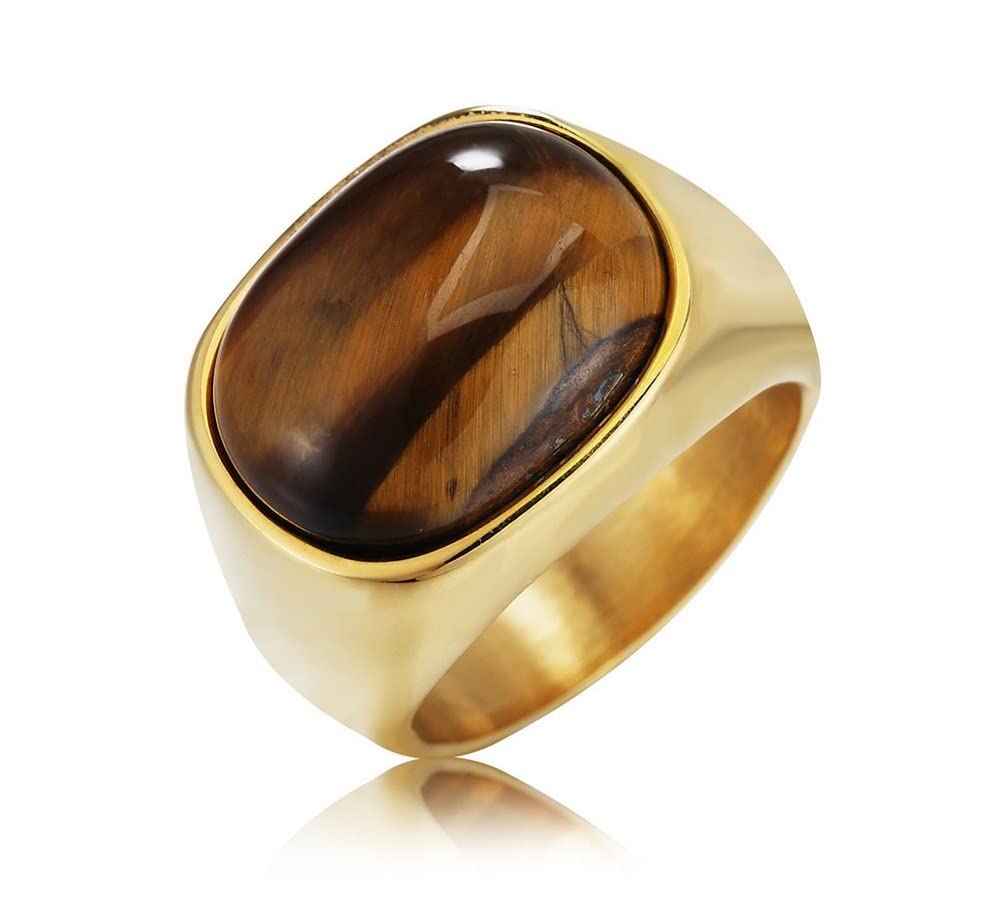 Vintage Statement Fashion Men's Titanium Steel Ring 18K Gold Amber Oval Gemstone Ring Hip Hop Cocktail Party Ring Eternity Engagement Wedding Ring Size 9-12 CZC718 (11, Gold)
