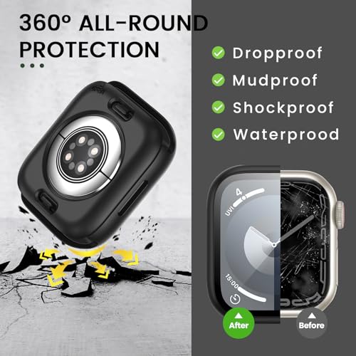 Image of 3 in 1 Goton Waterproof Hard Case for Apple Watch Screen Protector 45mm, 360 Slim Full Protective Tempered Glass Face Cover + Back Hard PC Bumper for iWatch Series 9 /8 /7, 45mm Matte Black