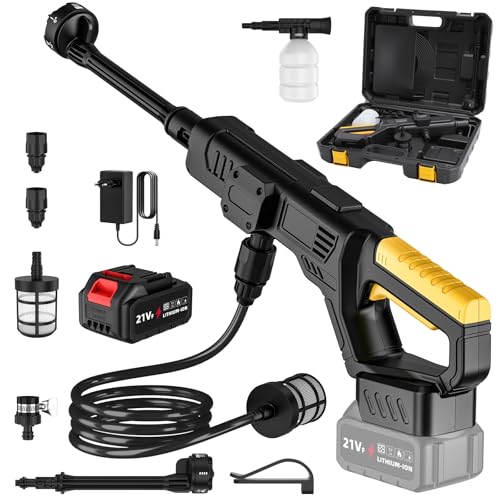 Nettoyeur Haute Pression sans Fil, 50 Bar Nettoyeur Haute Pression sur Batterie avec 1 x 3,0 Ah Batteries, Buse 6 en 1, Moteur en Cuivre Pur de 300 W, Tuyau 5m, Adapté pour Voiture, Jardin