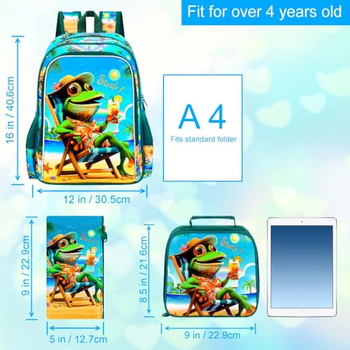 Image of 3Pcs Kids Backpack for Boys, 16 inch Frog Kindergarten Preschool Elementary Bookbag Set, School Backpacks with Lunch Box(Green)