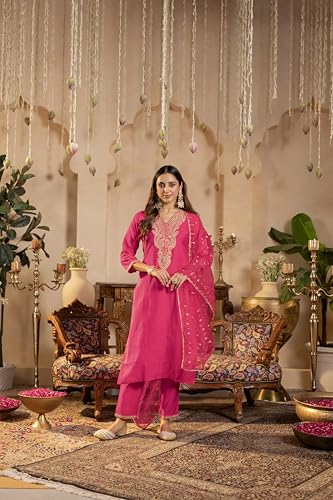Image of INDO ERA Women's Liva Red Paisley Embroidered Sequinned Straight Kurta & Pant with Dupatta Set