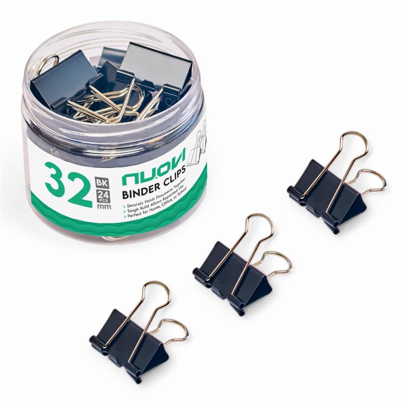 NUOVI 32mm Binder Clips-Black | Made of Tempered Steel, Durable & Rust-Resistant | Perfect for Holding Loose Papers | Ideal for School, Office & Home (Pack of 24)