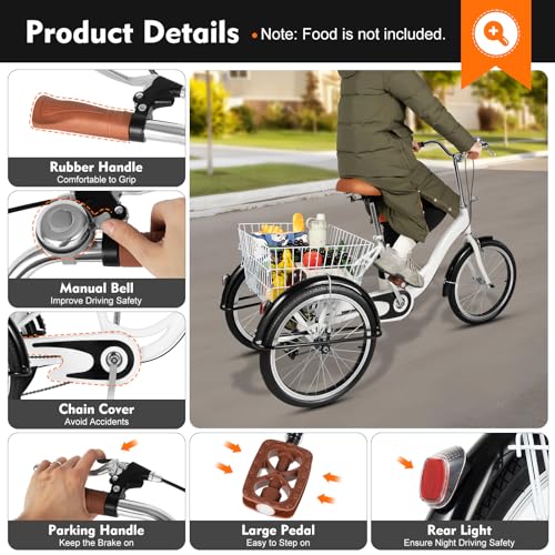 Tesugn Driewieler voor volwassenen, 20 inch (51 cm), opvouwbaar, met boodschappenmand, 3 wielen, cruise bikes, city, fiets voor volwassenen, senioren - Afbeelding 4