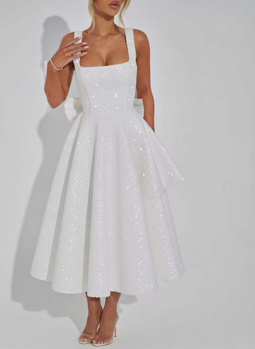 Cudiew Sparkly Sequin Prom Dresses for Teens Square Neck Glitter Bodice Pleated A Line Formal Cocktail Party Dress Tea Length - Image 6