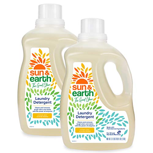 Laundry Detergent Liquid by Sun & Earth, 100 fl oz Pack of 2, All Natural Citrus Zest Scent, Baby Clothes Detergent, Color Safe, Chlorine-Free and Non-bleaching, Plant Based Ingredients, No Phosphates