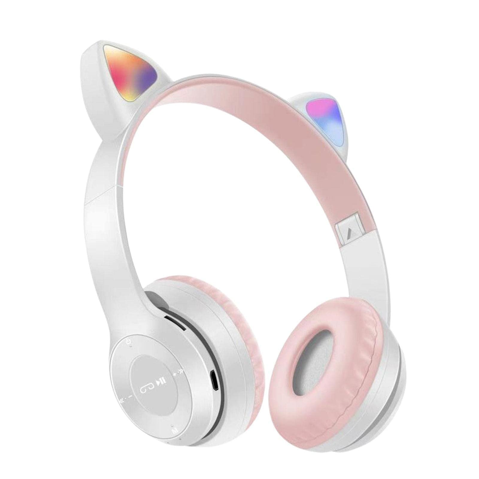 Aputue ROZU43 Cat Ear Kids Headphones, Bluetooth 5.0 Wireless Foldable Over-Ear Headphones with Mic, LED Light, Pink