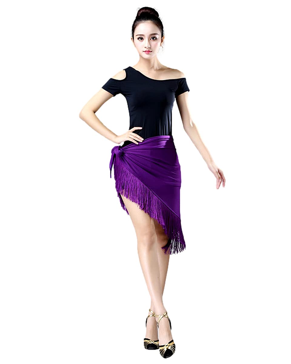 Grouptap Women's Purple Latin Short Dance Tassel Scarf Wrap Skirt For Tango Chacha Salsa Samba Rumba Dancing Dress (One Size) (Purple)