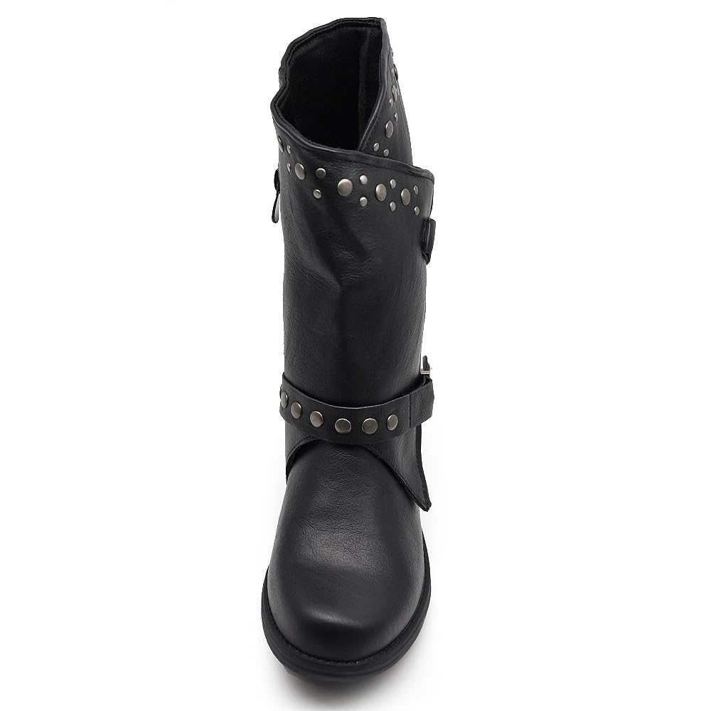 IF Fashion Scarpe Da Donna Stivali Stivaletti Biker Fibbie Anfibi Al Polpaccio Largo Con Borchie 647-2
