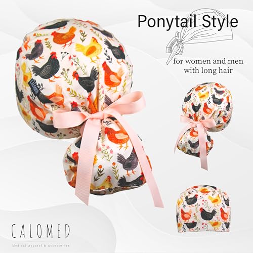 Image of Scrub Cap for Women and Men, Ponytail Scrub Caps, Working Hat, Head Cover with Ribbon Ties and Buttons, Long Hair