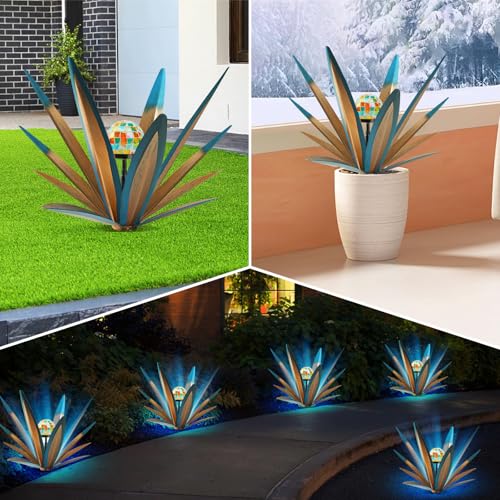 Image of TOMBABY Solar Rustic Garden Style Metal Agave Plants Outdoor Patio, Home Decor Hand-Painted Metal Agave Garden Patio Statues, Suitable for Desert Areas, Outdoor Lawn Decorations (2 Solar Blue)