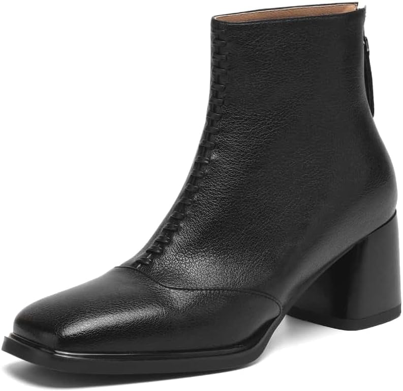 TinaCus Women's Block Heel Ankle Boots Genuine Leather Handmade Square Toe Back Zipper Short Booties