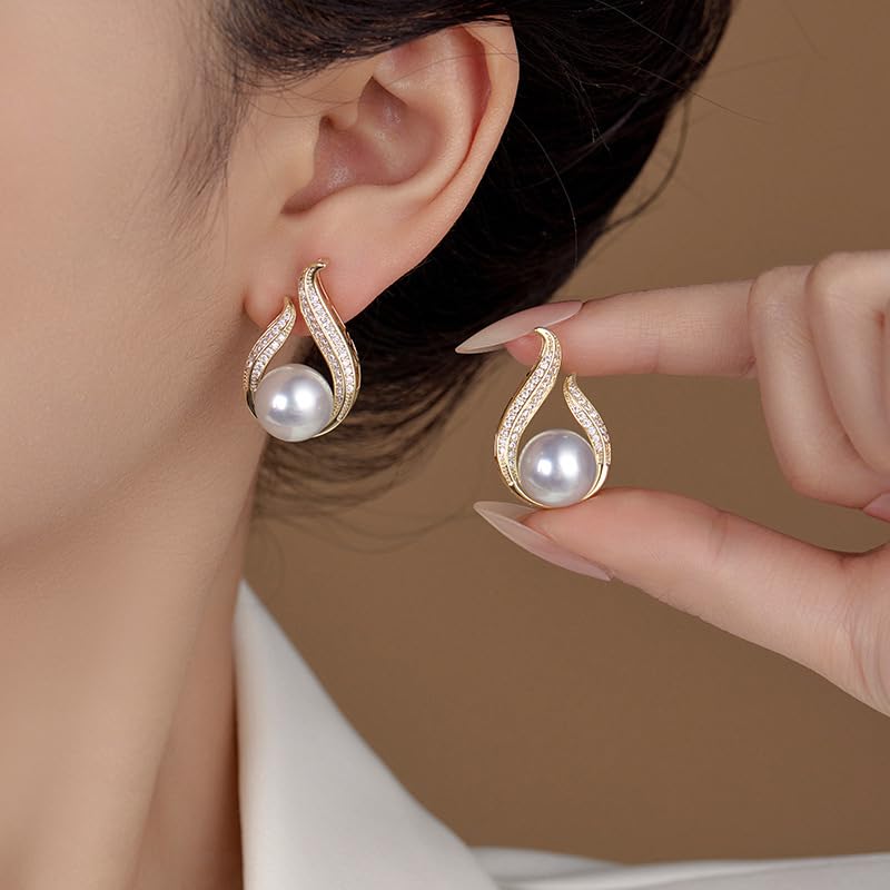 Pearl Earrings for Women, Cultured Stud Pearl Earrings Jewelry for Girls, Silver/Gold Plated Prom Jewelry Dangle Studs Cubic Zirconia Pearl Earrings for Gifts3
