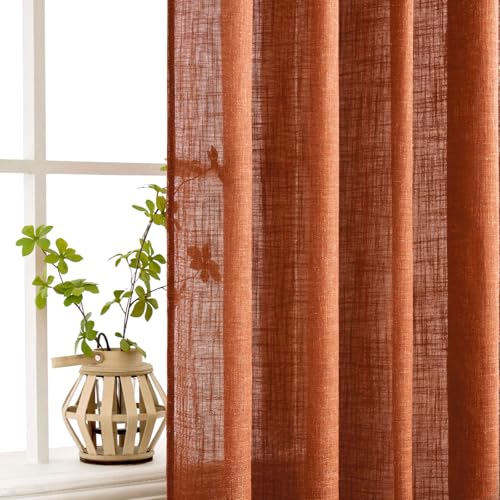 MIULEE Rust Curtains 96 Inch Length 2 Panels for Bedroom Living Room, Terracotta Soft Thick Linen Textured Window Drapes Semi Sheer Light Filtering Back Tab Rod Pocket Burlap Look Fall Decor