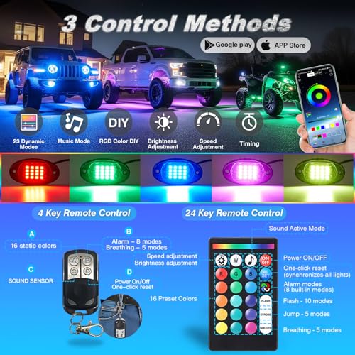 LD DARKEAGLE 8Pods Segmented RGB LED Rock Lights Kit for Jeep Trucks UTV ATV Golf Cart RZR SXS Offroad Four Wheeler with APP/RF Remote, Multi Color Underglow Light Waterproof Music Neon Underbody 12V by LD DARKEAGLE - Image 2