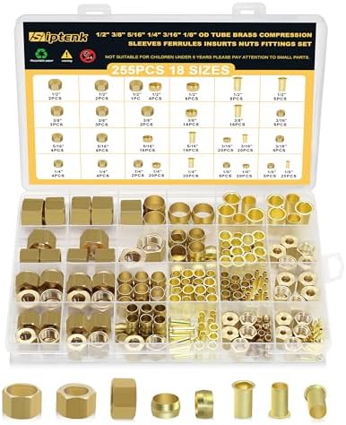 Siptenk 255PCS Brass Compression Sleeves Ferrules Inserts Nuts Fittings