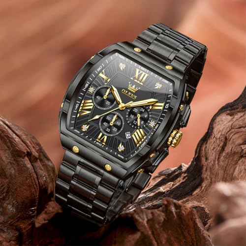 OLEVS Mens Dress Watches Black and Gold Large Square Face Classic Luxury Watches for Men Waterproof Fancy Original Stainless Steel Chronograph Wristwatches Easy Read Business Quartz Men Watch — view 4
