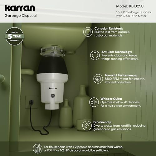 Karran 1/2 HP Garbage Disposal with Power Cord – Quiet Continuous Feed Kitchen Sink Disposal, 3800 RPM Stainless Steel Grinding Chamber, Anti-Jam Technology, Easy 3-Bolt Mount, Compact Design - Thumbnail 5