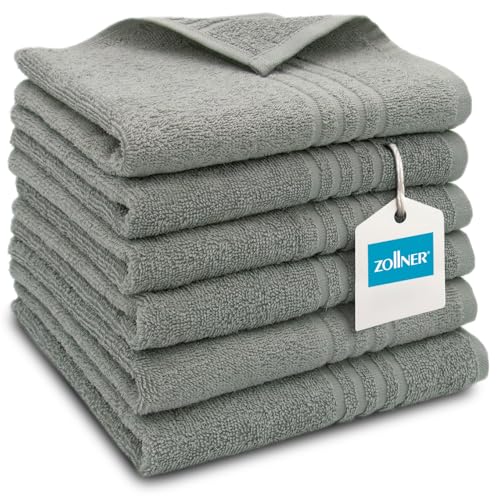 ZOLLNER 6er Set Gästehandtücher in 40x60 cm - saugstarke Gästetücher in grau - mit praktischem Aufhänger - mit eleganten Tiefgangstreifen - waschbar bis 60°C - Baumwolle - Hotelqualität