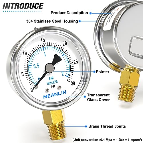 MEANLIN MEASURE 0~30Psi Dry Low Pressure Gauge Stainless Steel 1/4\" NPT 2\" FACE DIAL Waterproof for Pool Sand Filter Water Oil Air Pressure Test Lower Mount, with 1/2\" NPT and 3/8\" NPT Hex Bushing - Thumbnail 4
