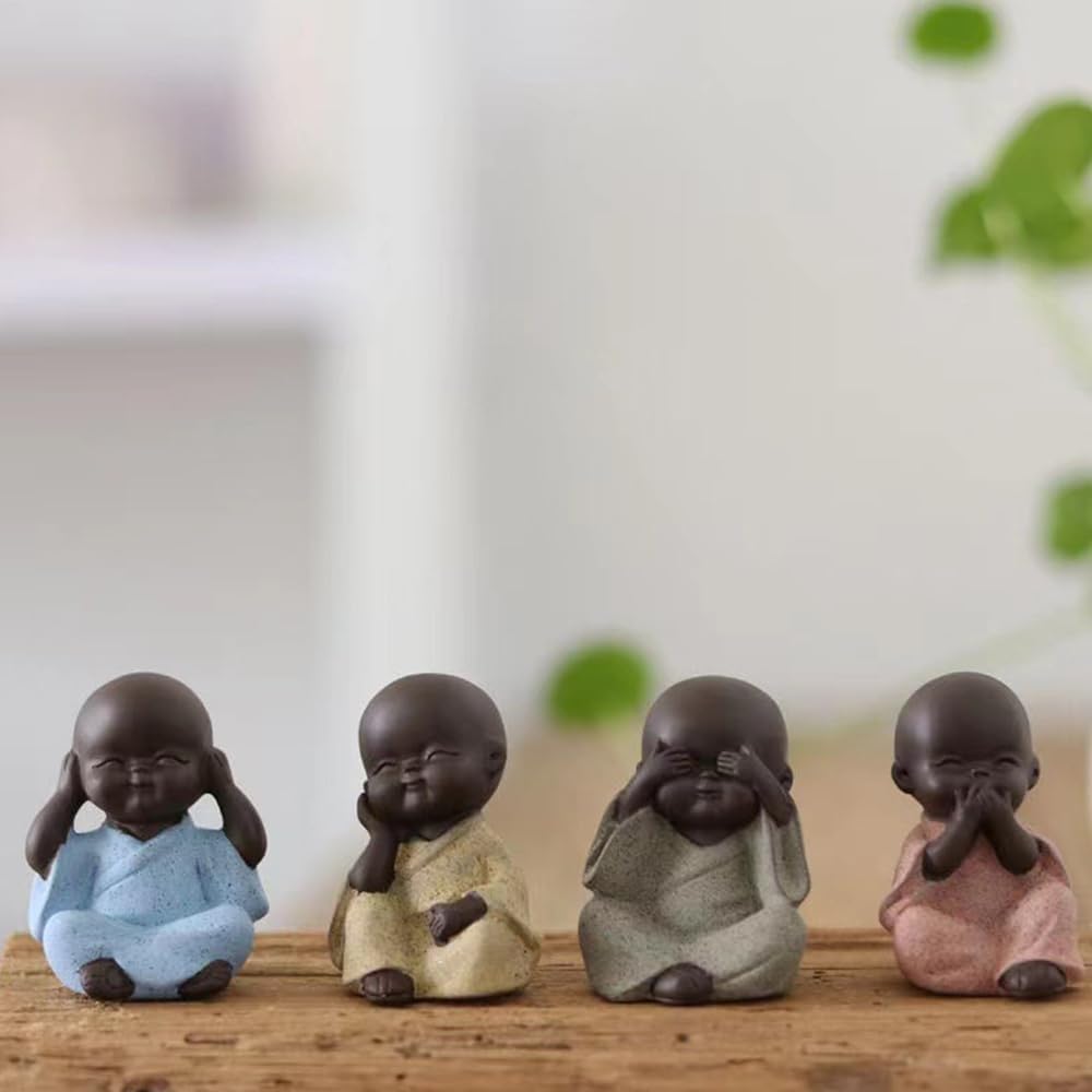 YUZDNM Set of 4 Chinese Buddha Monk Statues, Ceramic Hear See Speak Do No Evil Baby Monk Figures, Medition Little Zen Monk Statue, Collectable Gifts(#b)