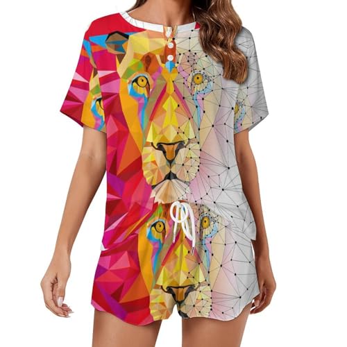 Pyjama géométrique lion pour femme | Ensemble d'été manches courtes et short