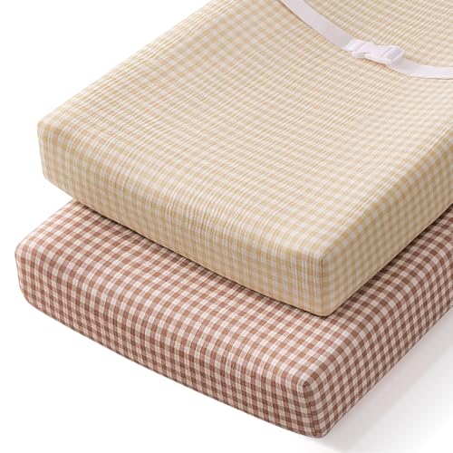 Image of Blissful Diary Muslin Changing Pad Cover for Baby Girls Boys, Ultra Soft Breathable Cotton, Baby Diaper Change Table Pad Covers, 2Pack (Checkered Beige & Checkered Brown)