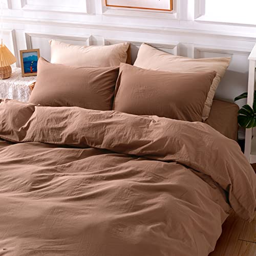 Nexhome Pro Duvet Cover Set Queen Size Linen Textured Organic Natural 100% Washed Cotton Duvet Cover Terracotta Rust Brown 3 Pieces Bedding Set With Zipper Closure, Breathable, Soft (No Comforter) #TOP1