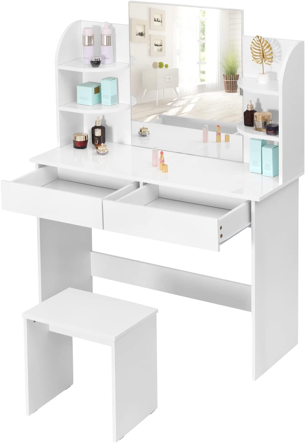 Coiffeuse Contemporaine Avec Miroir LED Réglable, Table Maquillage Rangements, Panneau De Particules - Coiffeuse - Tabouret