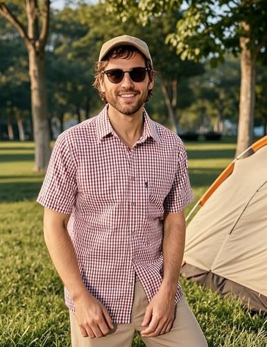 LucMatton Men's Gingham Short Sleeve Button Down Shirt Cotton Regular Fit Plaid Dress Shirts with Pocket2