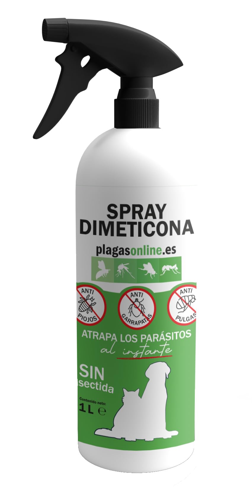 Dimeticona 1L Spray Antiparasitario para Perros y Gatos, Antipulgas, Garrapatas y Piojos - Protector de Insectos sin Pesticidas.