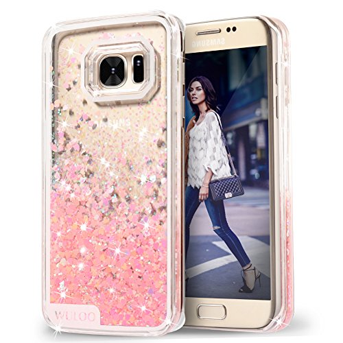 Galaxy S7 Case, Wuloo Samsung Galaxy S7 Hard Case Fashion Creative Design Flowing Liquid Floating Luxury Bling Glitter Sparkle Love Heart Hard Case for Girls Children (Pink)